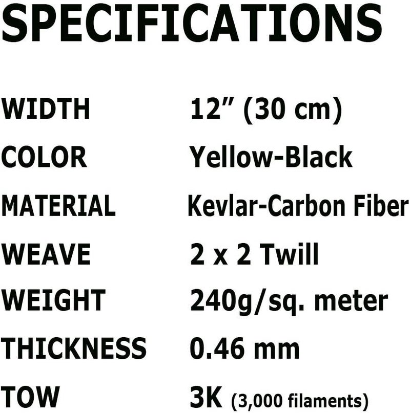 KARBXON 12 in - Carbon Fiber Aramid Fabric - Yellow - 3K - 240g/meter - Twill Weave Rolled 12” Wide Hemmed Fabric for Repair, Drones, RC & DIY Projects - Image 2